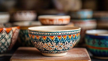 Discover a beautifully crafted ceramic bowl featuring vibrant colors and intricate patterns, perfect for showcasing artful design and cultural heritage.の素材