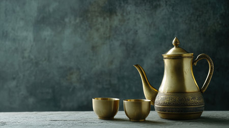 This stunning image captures an elegant brass teapot and two cups, set against a rustic background. Perfect for showcasing vintage hospitality and traditional design.の素材