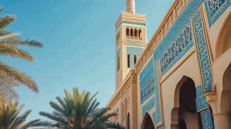 A stunning shot of a mosque featuring beautiful turquoise tiles and palm trees, capturing the essence of Middle Eastern architecture under a clear sky.の素材