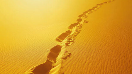 Discover serene footprints in golden sand, capturing the essence of a solitary journey under soft light, evoking tranquility and exploration in nature.の素材