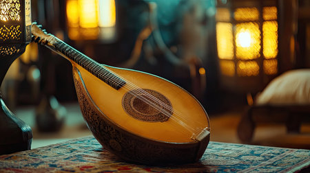 A beautifully crafted traditional instrument resting in a cozy interior, illuminated by warm ambient lighting, evokes a sense of heritage and tranquility.の素材