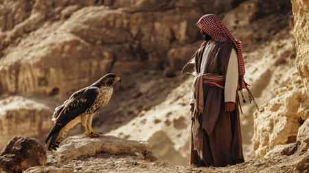A captivating scene of a falconer in traditional attire, connecting with a majestic falcon in a stunning desert landscape, showcasing the bond between human and bird.の素材