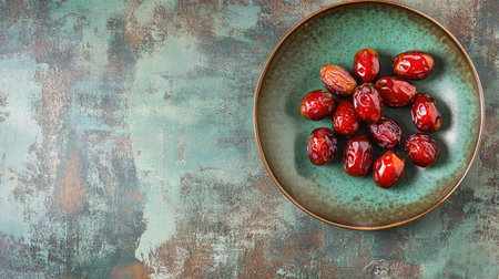 A close-up of fresh Medjool dates arranged on a beautiful decorative plate. This vibrant and nutritious fruit makes an excellent snack or ingredient in dishes.の素材