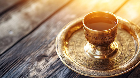 A beautifully crafted golden cup rests on an ornate plate atop a rustic wooden table, capturing light and warmth in a serene still life composition.の素材