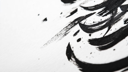 This image showcases an abstract black brush stroke on a white background, highlighting a dynamic interplay of texture and form in artistic expression.の素材