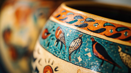 Discover the beauty of artistic pottery featuring intricate designs and vibrant colors. This close-up image showcases traditional craftsmanship and fine details.の素材