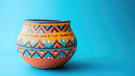 A vibrant decorative pot showcasing intricate patterns and colors, set against a serene blue background, perfect for artistic displays or home decor.の素材