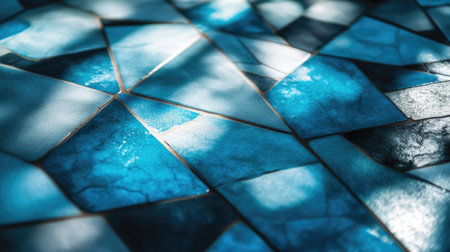 A vibrant close-up of a mosaic tile pattern in various blue shades, showcasing artistic design with light and shadow interplay. Ideal for interior decor inspirations.の素材