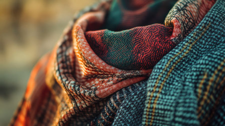 Close-up of a beautifully textured fabric scarf showcasing rich warm colors. Perfect for fashion, lifestyle, or textile-themed projects.の素材