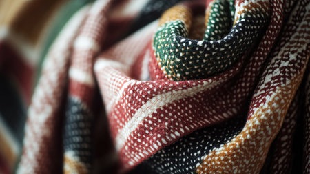 A vibrant close-up of a colorful woven fabric, showcasing intricate textures and patterns. This image highlights the warmth and artistry of textile design.の素材