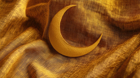 A beautiful golden crescent moon placed on elegant fabric, showcasing rich textures and colors. Perfect for decorative and artistic themes.の素材