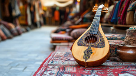 A beautifully crafted traditional string instrument displayed in a market. The warm tones and intricate designs showcase cultural artistry and vibrant heritage.の素材