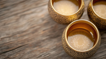 Discover the beauty of three elegant golden bowls resting on a rustic wooden surface, showcasing intricate patterns and a harmonious blend of luxury and simplicity.の素材