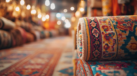 A vibrant display of Persian rugs rolled in a cozy market setting, showcasing intricate designs and rich colors that enhance any interior space.の素材