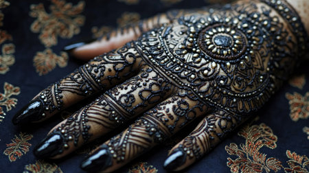 Close-up view of a beautifully decorated hand featuring intricate mehndi art. The design showcases rich patterns, representing cultural heritage and festive elegance.の素材