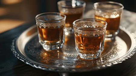 A beautiful display of elegant glasses filled with amber liquid on a silver tray, perfect for gatherings or special occasions in a cozy setting.の素材