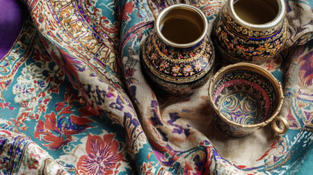 Discover a captivating scene featuring elegant traditional pottery atop beautifully patterned fabric, showcasing rich colors and intricate designs.の素材