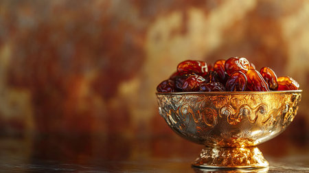 A stunning close-up of a bowl filled with sweet dates, set against a rich, warm background. Perfect for culinary and lifestyle projects highlighting healthy indulgence.の素材