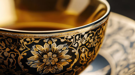 This striking close-up features an elegant tea bowl adorned with intricate gold patterns. Perfect for showcasing luxury, craftsmanship, and exquisite design.の素材
