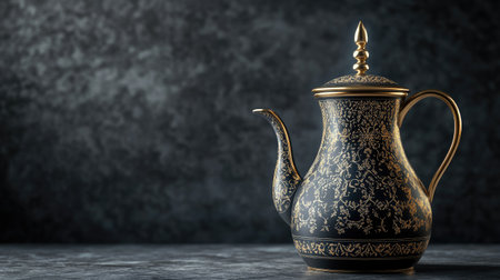 A stunning black and gold teapot with intricate designs, set against a dark background, perfect for enhancing any kitchen or dining decor, showcasing elegance and craftsmanship.の素材
