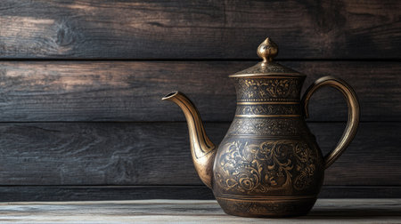 A beautifully crafted antique teapot resting on a rustic wooden surface, showcasing intricate designs and a classic shape, perfect for kitchen decor or still life photography.の素材