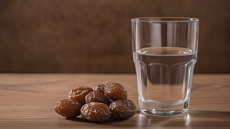 A refreshing glass of water sits beside a cluster of fresh date fruits on a wooden table, highlighting a healthy snack choice. Perfect for food photography.の素材