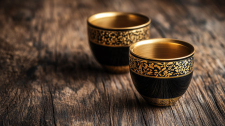 Discover an elegant pair of gold-trimmed cups set on a rustic wooden table, perfect for showcasing luxury and craftsmanship in home decor.の素材