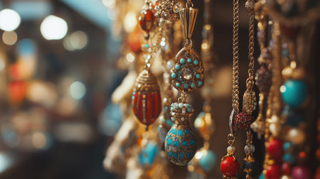 A stunning close-up shot of colorful jewelry pieces hanging in a market. This vibrant display showcases intricate designs and craftsmanship, perfect for fashion enthusiasts.の素材