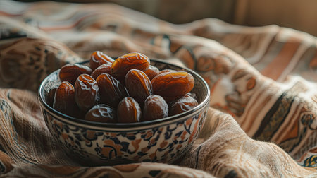 A close-up view of a bowl filled with fresh dates resting on a beautifully patterned fabric, showcasing their rich color and natural shine, perfect for a decorative or culinary theme.の素材