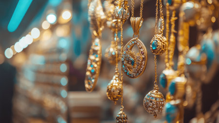 Discover the beauty of gold jewelry in this vibrant market. This image captures intricate designs and sparkling details that showcase luxury and craftsmanship.の素材