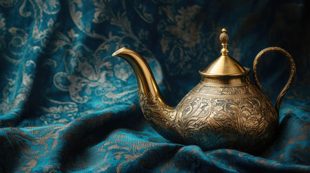 A beautifully crafted vintage teapot on an ornate blue fabric, showcasing intricate designs and a luxurious feel, perfect for interior decor or cultural themes.の素材