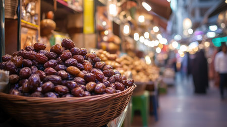 A vibrant market scene showcasing fresh dates in a woven basket. The display highlights the rich colors and textures of these delicious fruits. Perfect for culinary and lifestyle themes.の素材