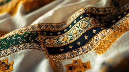 Close-up view of an intricate fabric showcasing rich colors and detailed patterns, ideal for design projects, fashion, or cultural inspiration.の素材