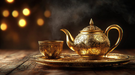 A stunning golden teapot and cup set on a wooden table, showcasing intricate designs and warm steam, perfect for tea moments and decor inspirations.の素材