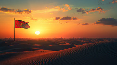 A stunning sunset over a tranquil desert landscape featuring a flag and a distant city skyline, showcasing nature's beauty and warm colors.の素材