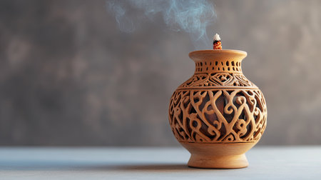 This image features an intricately designed incense holder, emitting gentle smoke. Perfect for enhancing tranquil spaces and adding artistic flair to home decor.の素材