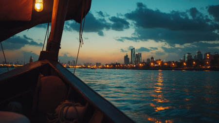 A stunning view from a boat showcasing an urban skyline at dusk, with warm city lights reflecting on calm waters under a colorful sky. Perfect for travel themes.の素材