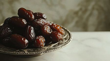 A stunning composition featuring fresh dates on a silver plate, set against an elegant background. Perfect for culinary and gourmet themes.の素材