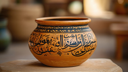 A beautifully crafted ceramic pot featuring intricate Arabic calligraphy, showcasing cultural artistry and traditional craftsmanship in a warm, natural setting.の素材