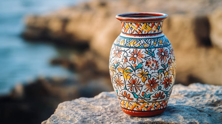 A beautifully crafted ceramic vase decorated with colorful floral patterns, placed on a rock by the shoreline. It highlights artistic design and craftsmanship.の素材