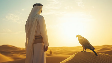 A serene scene depicting an emir and a falcon at sunset in the desert. The warm light casts a beautiful glow, highlighting nature's elegance and tranquil beauty.の素材