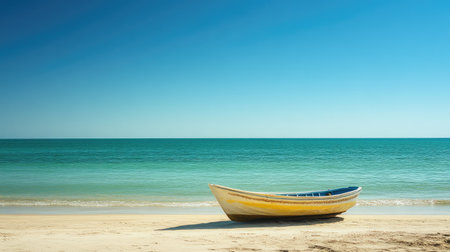 A serene yellow boat rests gently on the sandy beach under a clear blue sky, reflecting the tranquility of a perfect coastal day. Ideal for relaxation themes.の素材