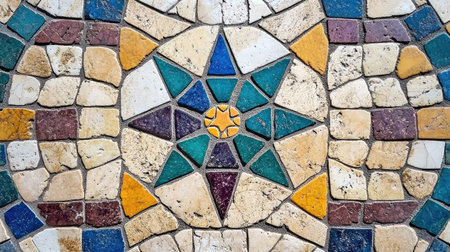 This image features a vibrant mosaic pattern made of colorful tiles, showcasing intricate designs and warm textures perfect for art and interior themes.の素材