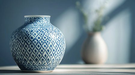 A beautiful ceramic vase featuring a traditional blue and white design, perfect for home decor. Captivating light and shadow enhance its elegance.の素材
