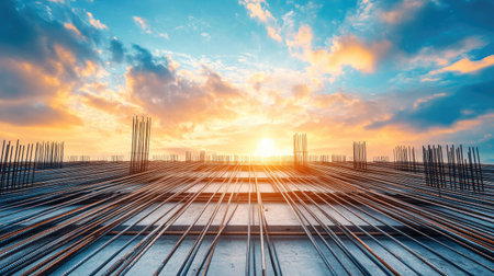 Large metal rods at a construction site, with blank copy space in the skyの素材