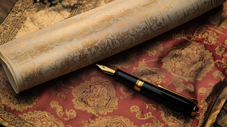 South Asian scrolls placed on an intricately designed silk cloth, fountain pen resting nearby, copy spaceの素材