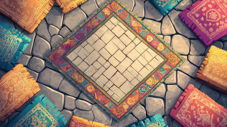 Colorful cartoon of South Asian manuscripts on a stone floor, intricate traditional designs surrounding, copy spaceの素材