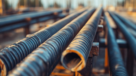 Close-up of metal rods and beams, with wide open area for text in the backgroundの素材