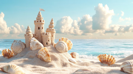 Detailed sandcastle with seashells, positioned in front of the ocean, with copy space in the skyの素材