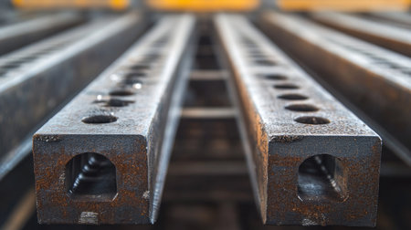 Close-up of metal rods and beams, with wide open area for text in the backgroundの素材